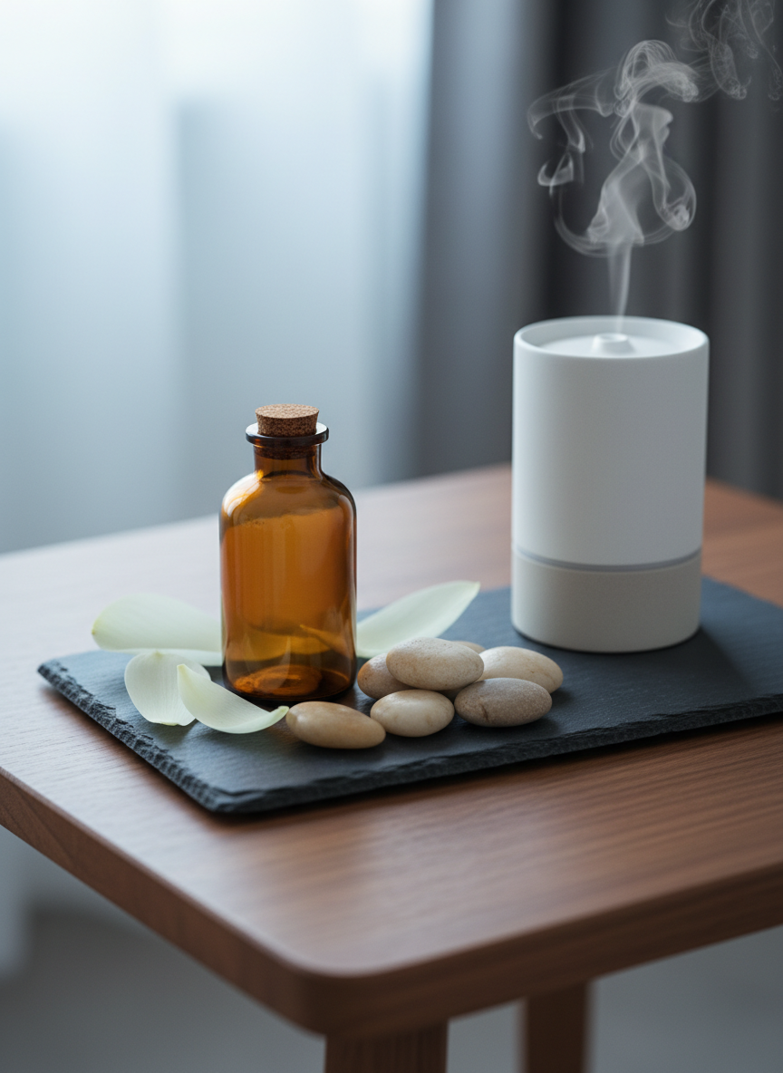 A close-up view of an amber glass apothecary bottle atop a smooth slate tray, surrounded by subtle white lotus flower petals and a handful of polished river stones in soft earth tones. The arrangement is set near a minimalist ceramic oil diffuser, atop a low walnut table. Soft, cool daylight filters through a distant window, forming understated highlights and gentle shade transitions over the objects’ surfaces. The centered composition, photographed at a slightly downward angle, brings focus to the quiet sophistication and purity of the wellness ritual, supporting the refined and holistic ethos of the center.
